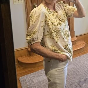 Panama Jack Cream and Green Linen Blouse | Small